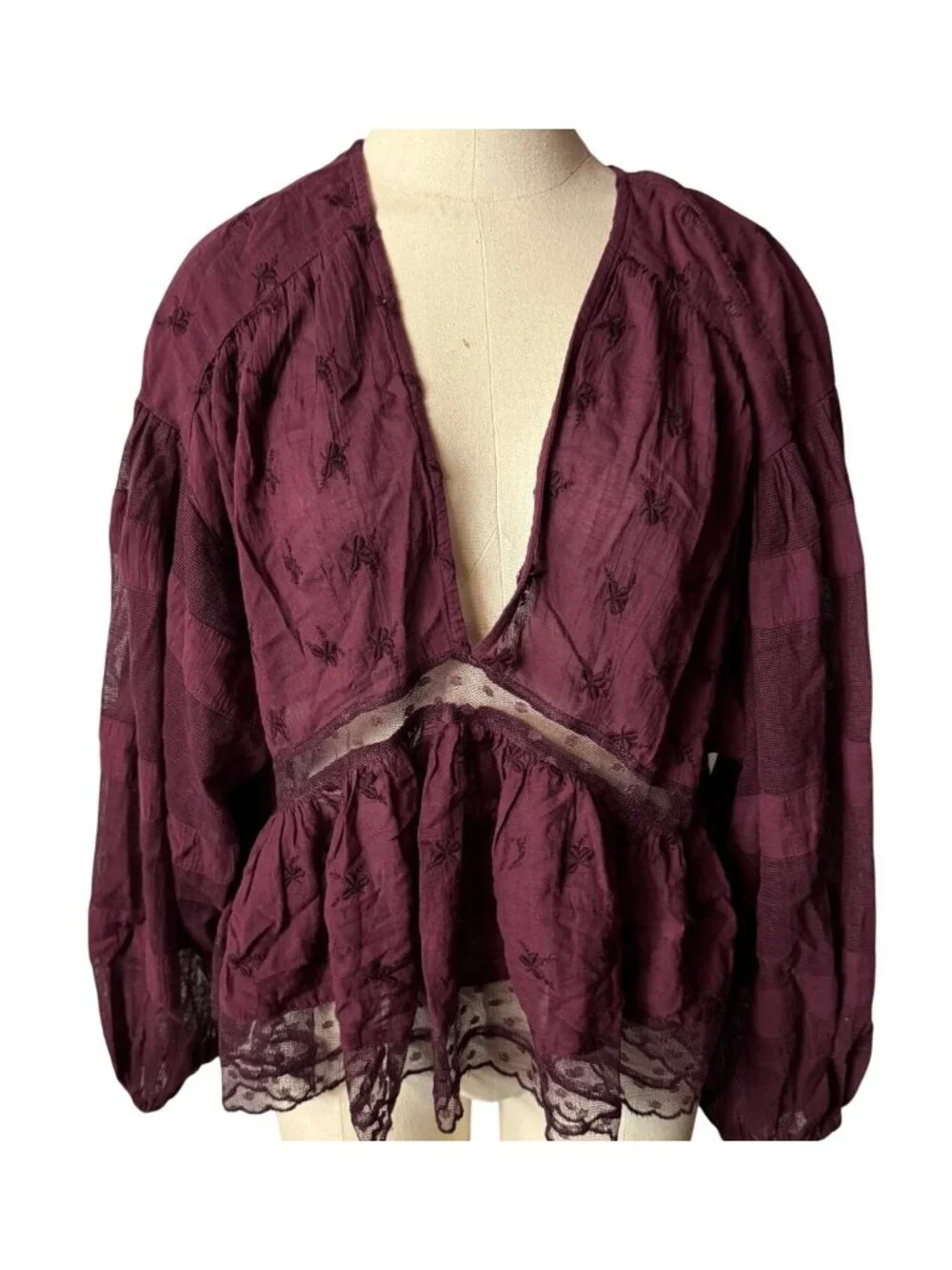 Free People Sheer Embroidered Boho Peplum Blouse With Lace Hem & V-Neck